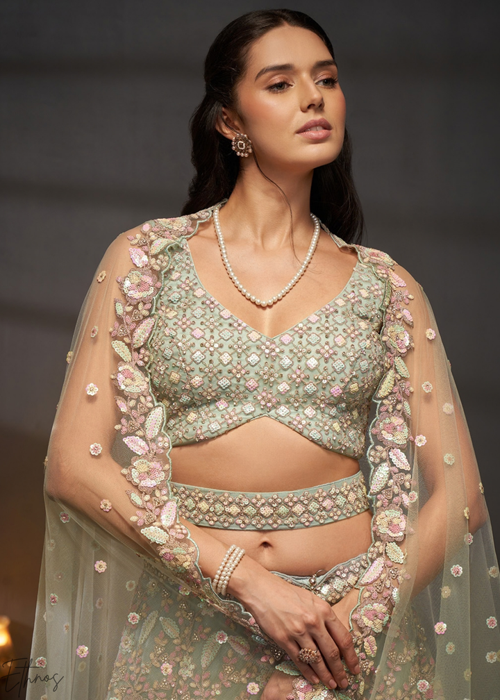 Glacier Mint Gilded Bouquet Net Lehenga