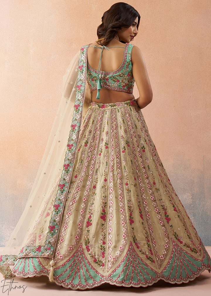 Glacier Mint Gilded Meadow Tissue Lehenga
