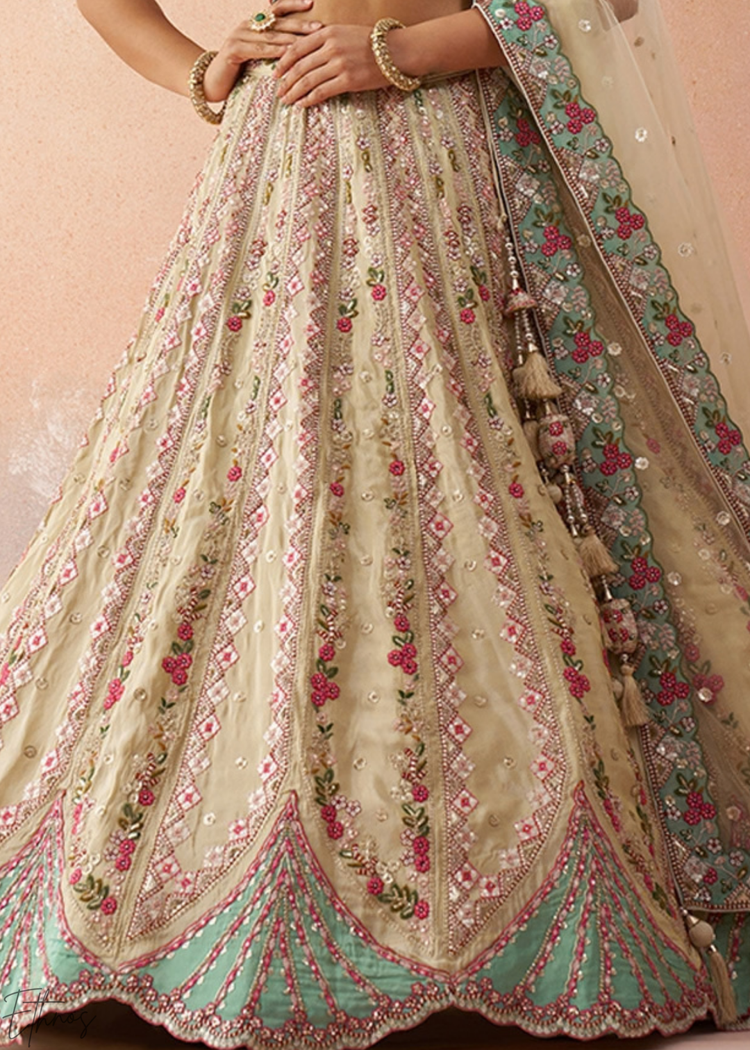 Glacier Mint Gilded Meadow Tissue Lehenga