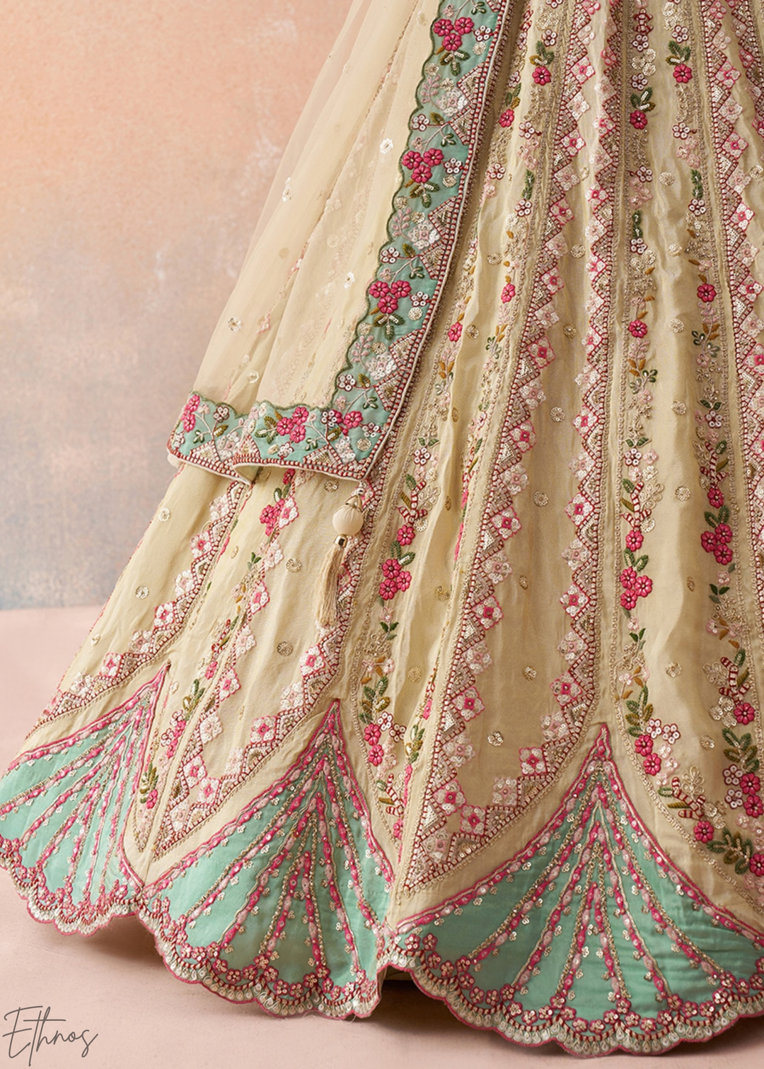 Glacier Mint Gilded Meadow Tissue Lehenga