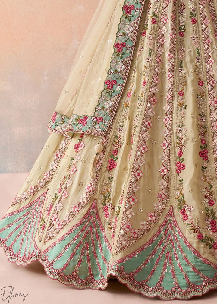 Glacier Mint Gilded Meadow Tissue Lehenga