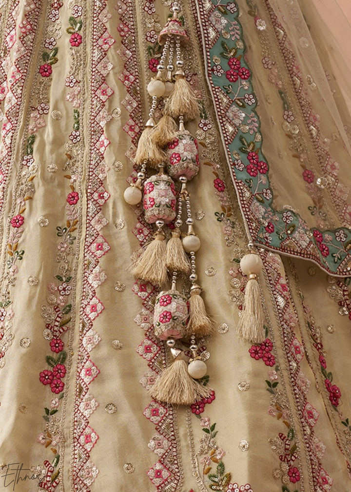 Glacier Mint Gilded Meadow Tissue Lehenga