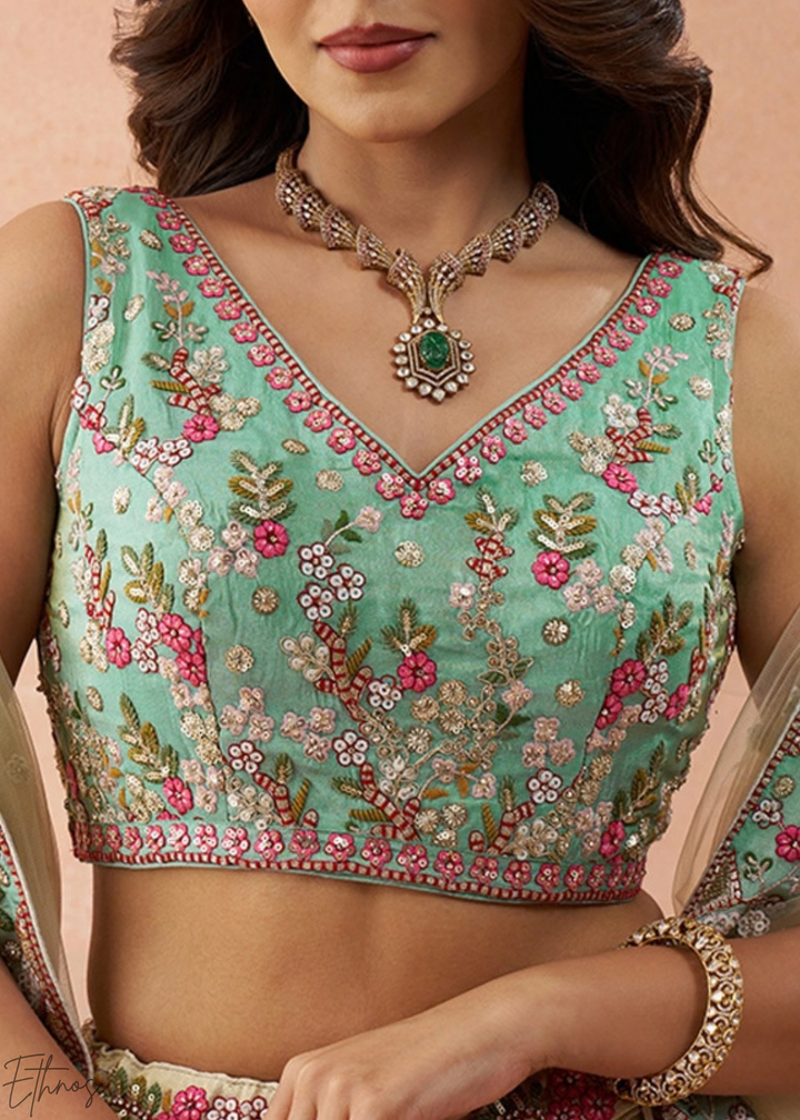Glacier Mint Gilded Meadow Tissue Lehenga