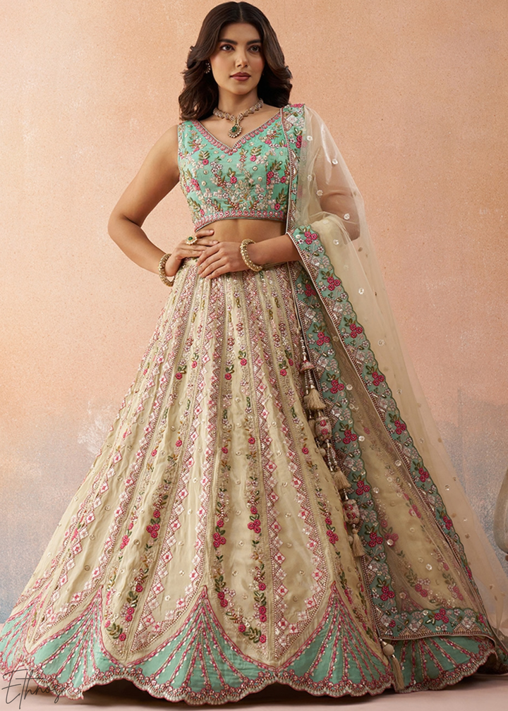Glacier Mint Gilded Meadow Tissue Lehenga