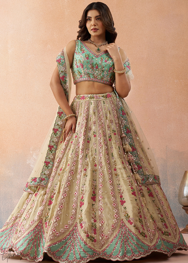 Glacier Mint Gilded Meadow Tissue Lehenga