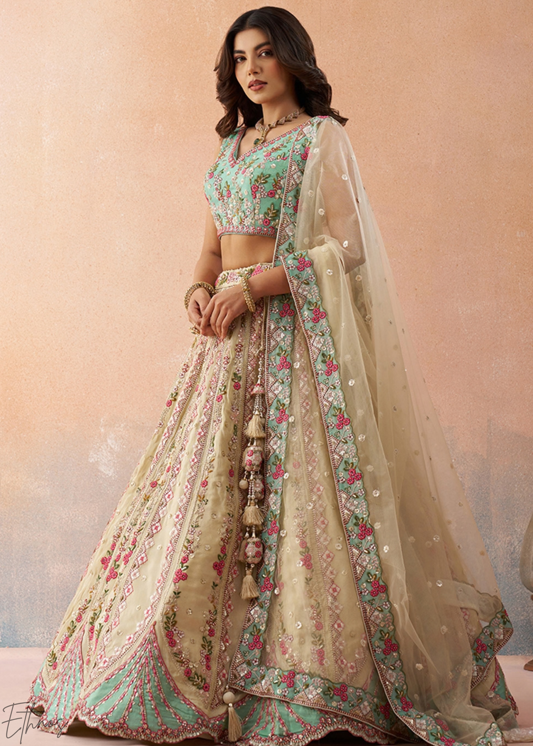 Glacier Mint Gilded Meadow Tissue Lehenga