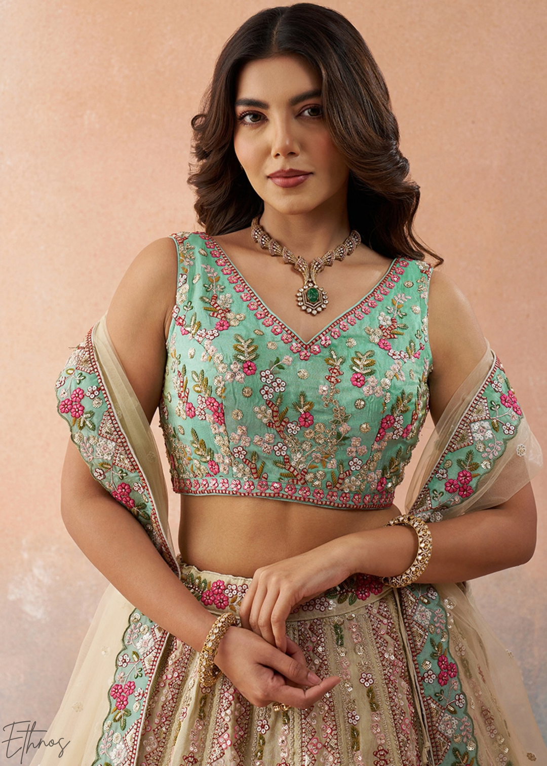 Glacier Mint Gilded Meadow Tissue Lehenga