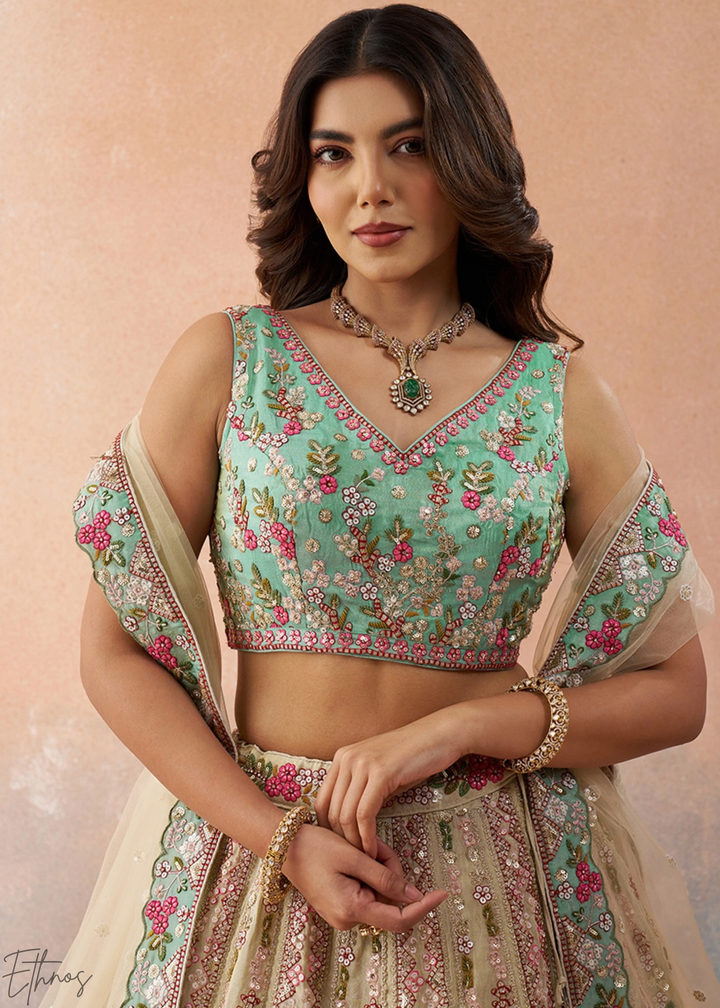 Glacier Mint Gilded Meadow Tissue Lehenga