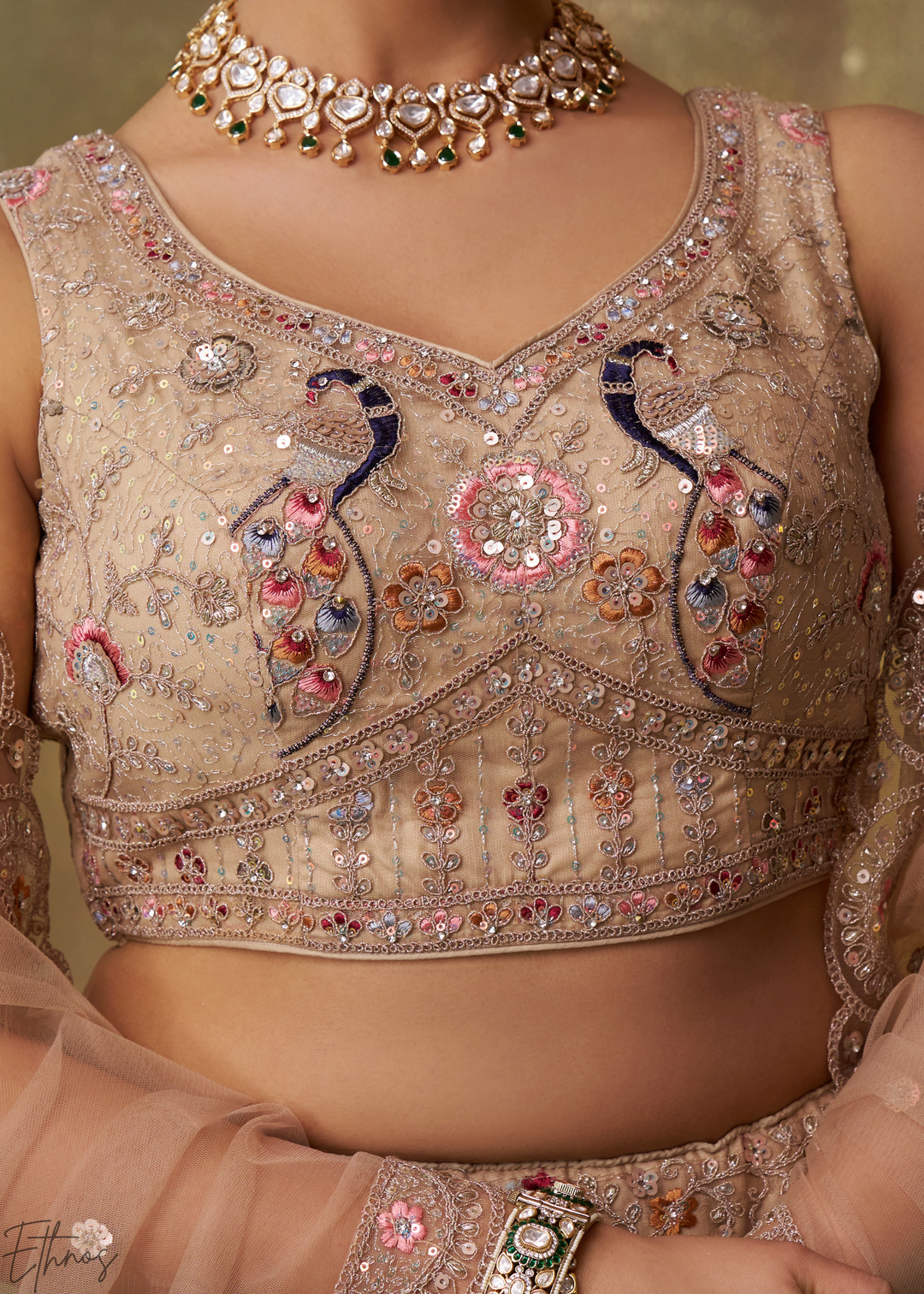 Gilded Beige Net Lehenga Choli