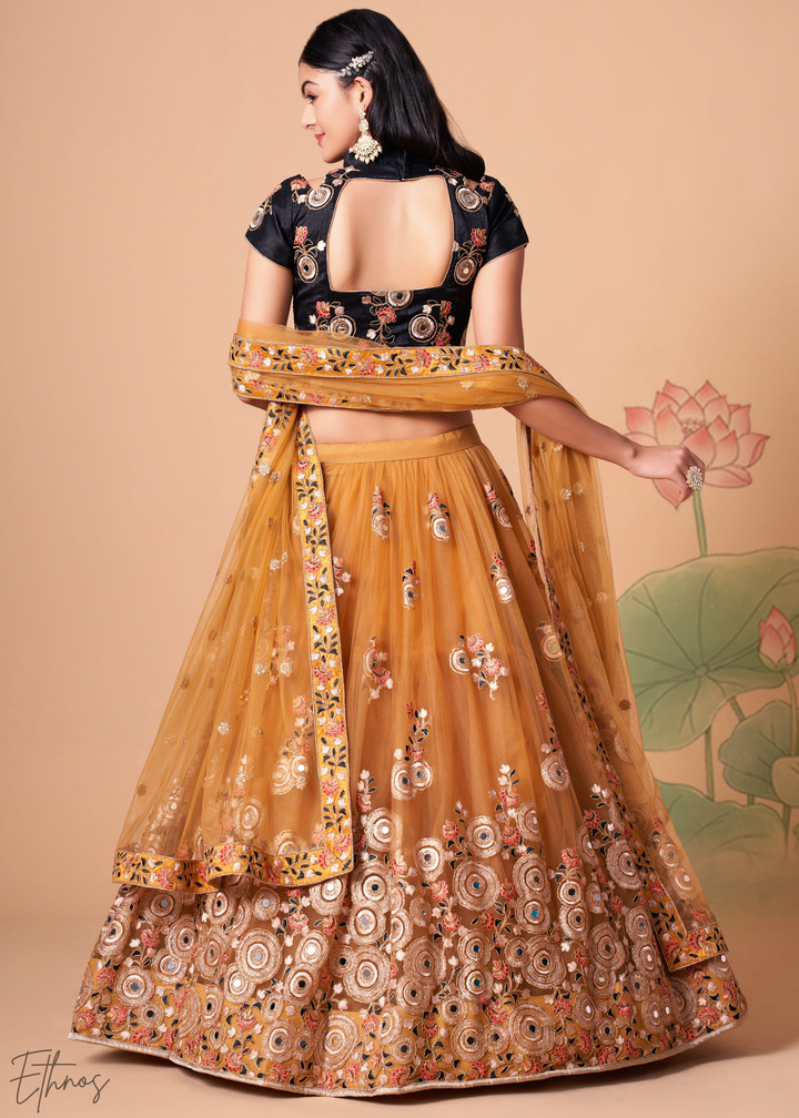 Gold Opulent Floral Mirror Net Lehenga