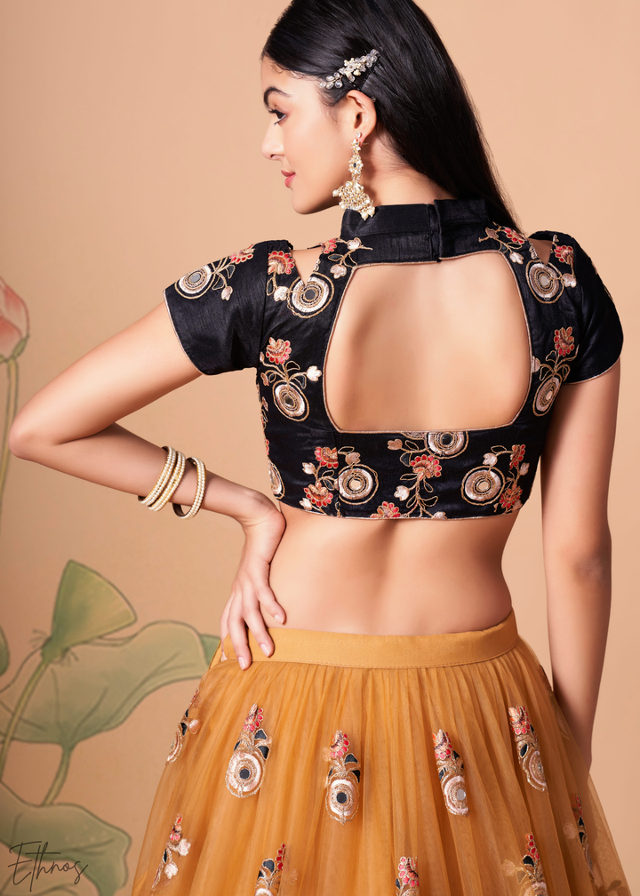 Gold Opulent Floral Mirror Net Lehenga