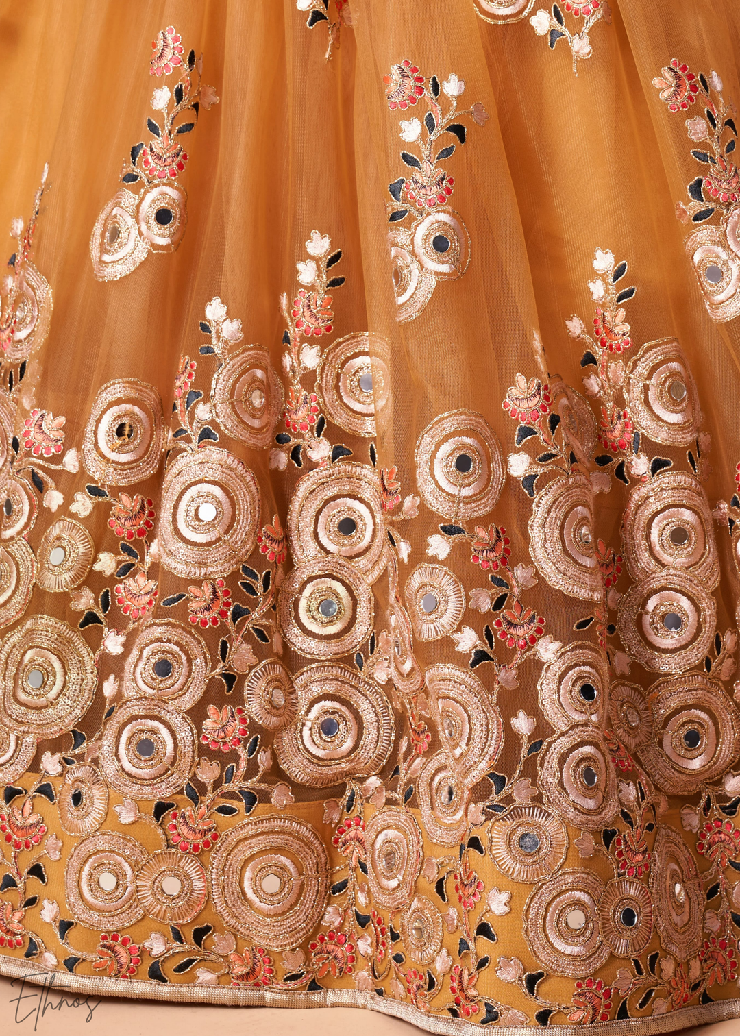 Gold Opulent Floral Mirror Net Lehenga