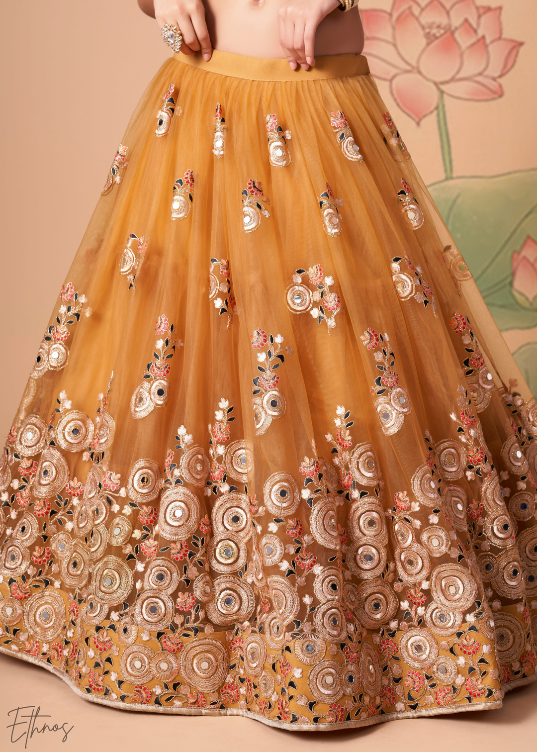 Gold Opulent Floral Mirror Net Lehenga
