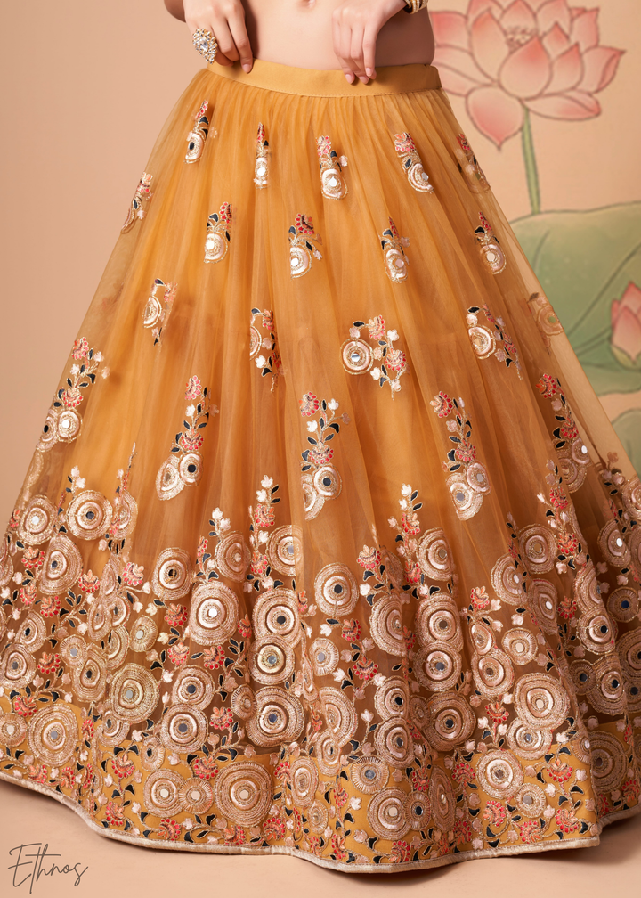 Gold Opulent Floral Mirror Net Lehenga