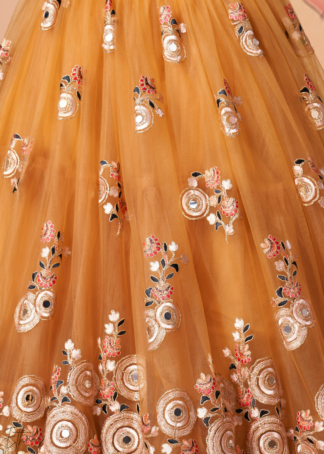 Gold Opulent Floral Mirror Net Lehenga