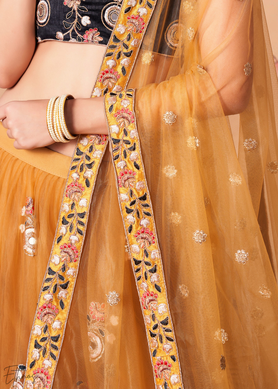 Gold Opulent Floral Mirror Net Lehenga