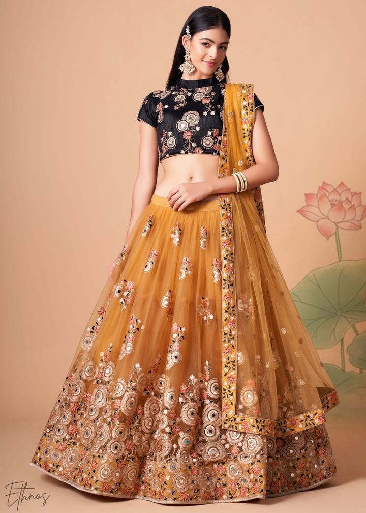 Gold Opulent Floral Mirror Net Lehenga