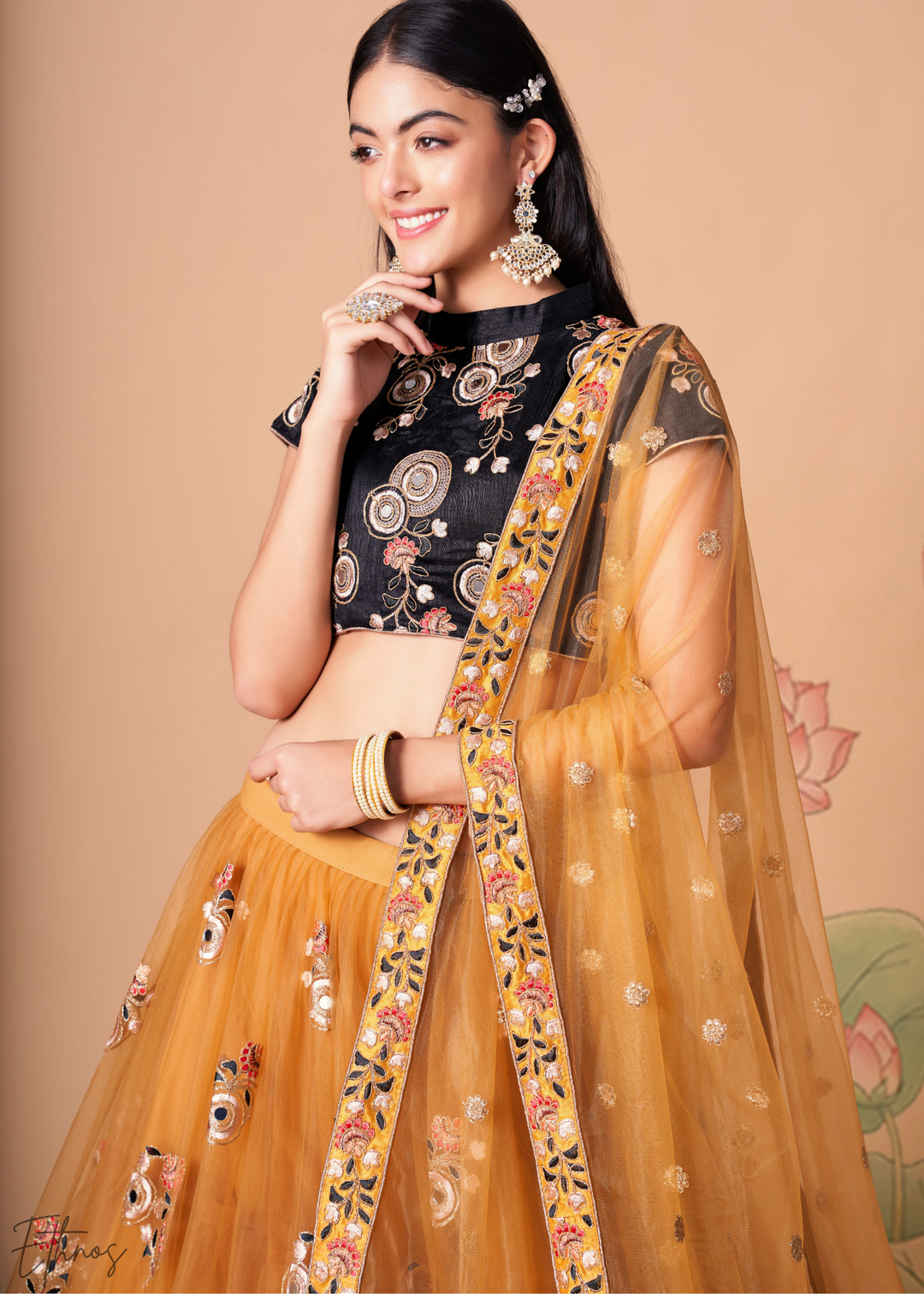 Gold Opulent Floral Mirror Net Lehenga