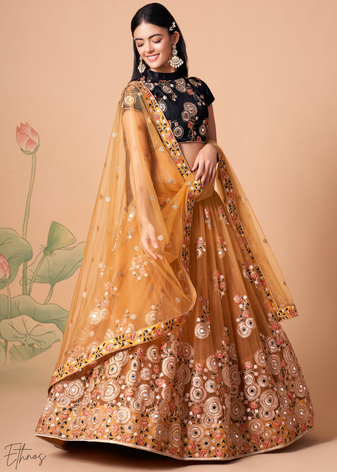 Gold Opulent Floral Mirror Net Lehenga