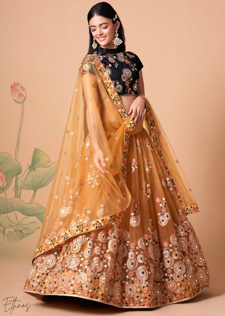 Gold Opulent Floral Mirror Net Lehenga