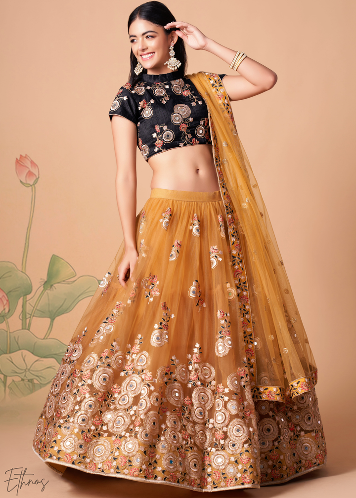 Gold Opulent Floral Mirror Net Lehenga