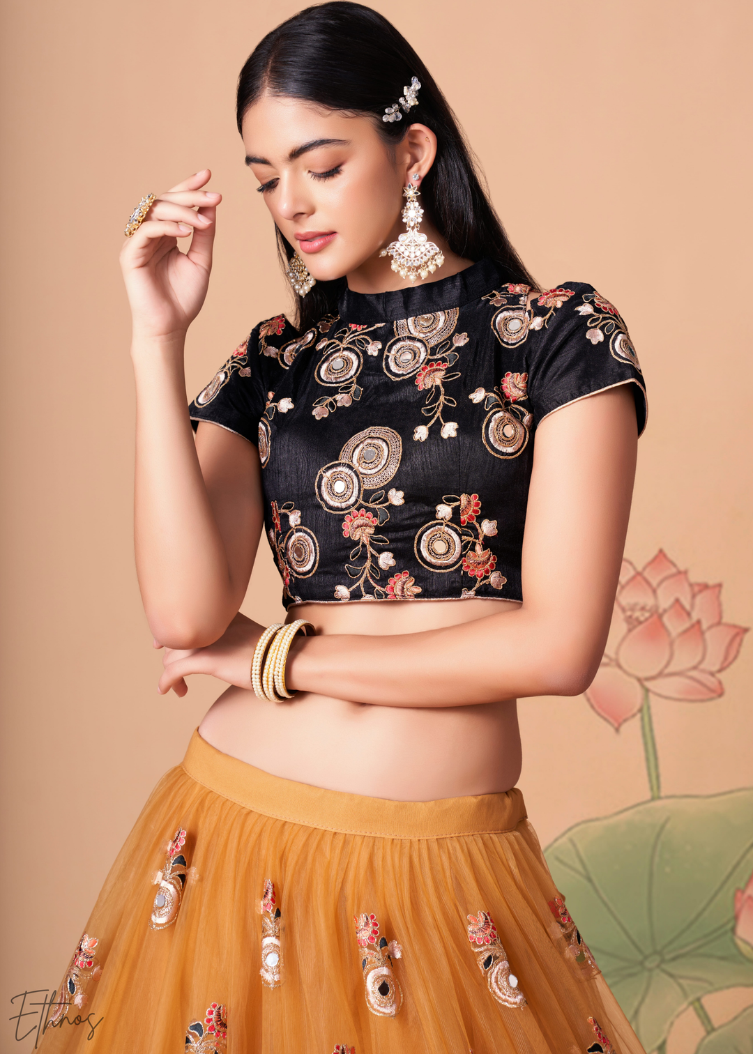 Gold Opulent Floral Mirror Net Lehenga