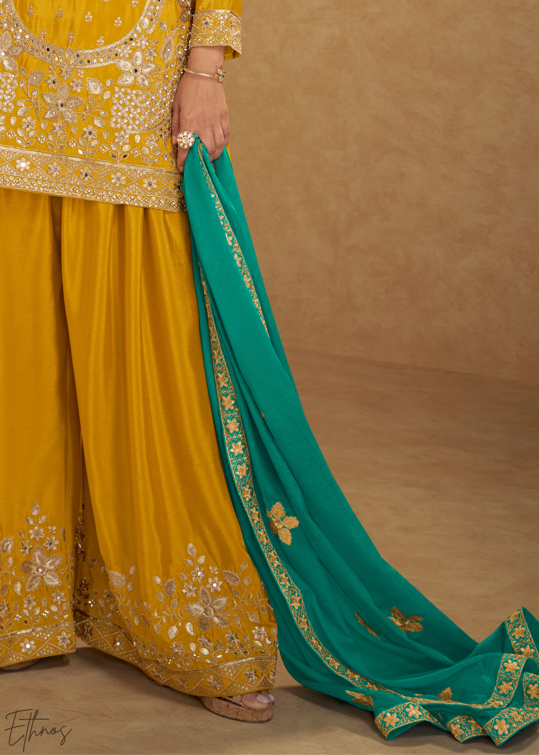 Golden Amber Zari-Bloom Chinon Sharara  Suit