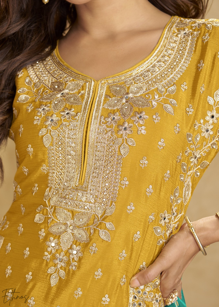 Golden Amber Zari-Bloom Chinon Sharara  Suit