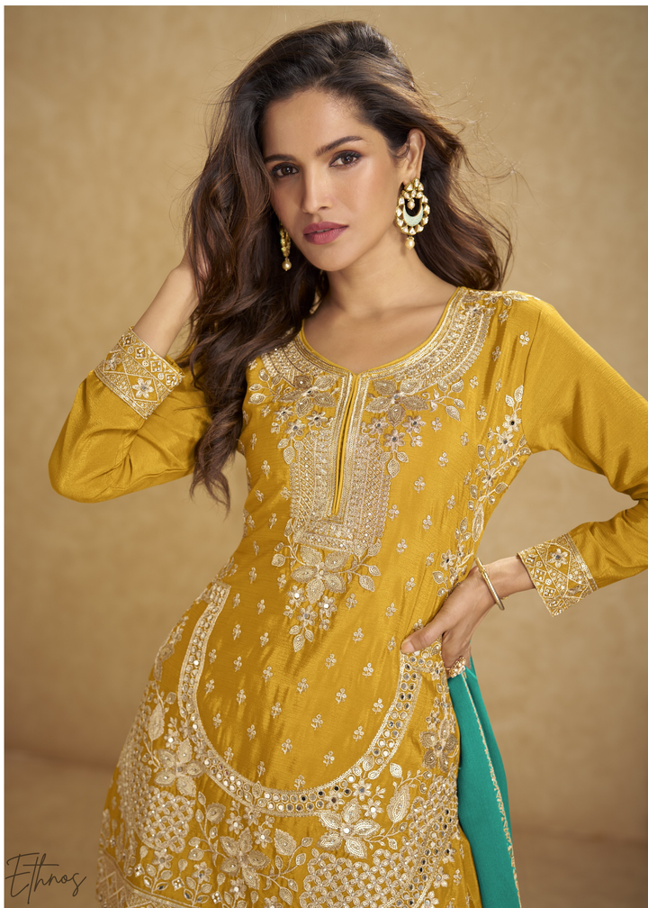 Golden Amber Zari-Bloom Chinon Sharara  Suit