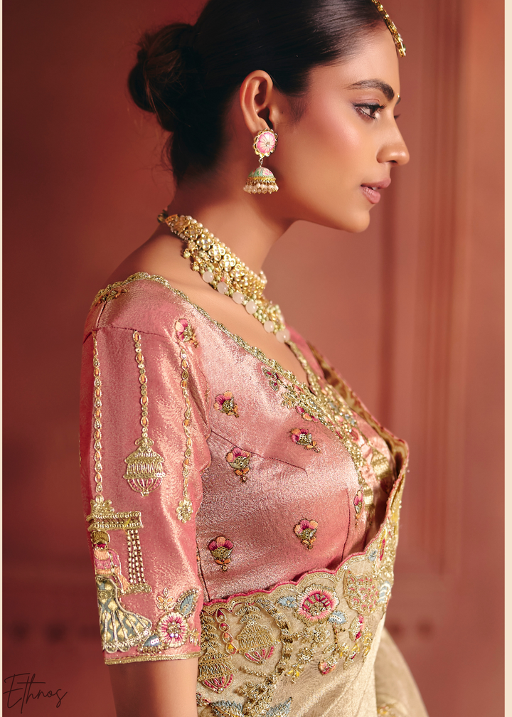 Golden Cream Floral Resham Zari Silk Saree