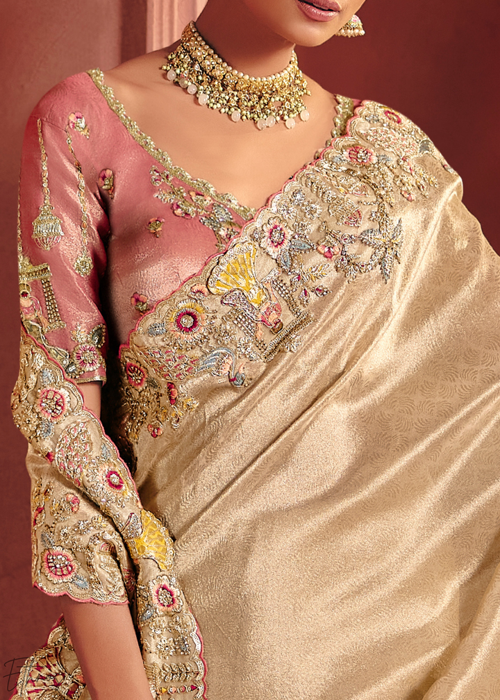 Golden Cream Floral Resham Zari Silk Saree