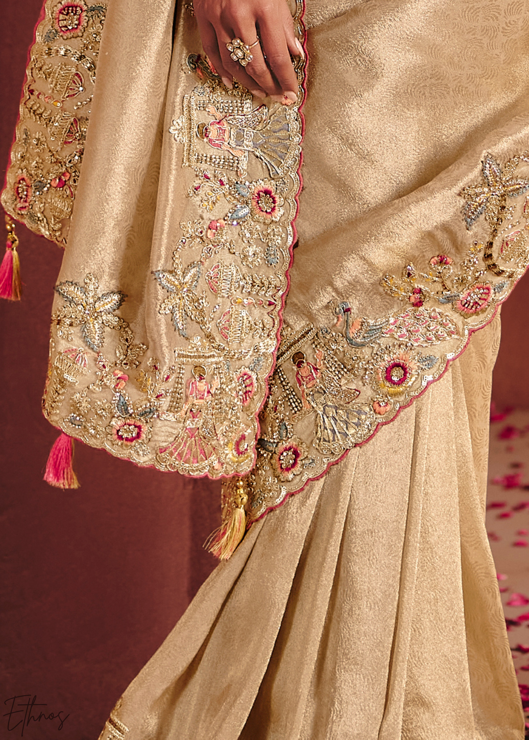 Golden Cream Floral Resham Zari Silk Saree