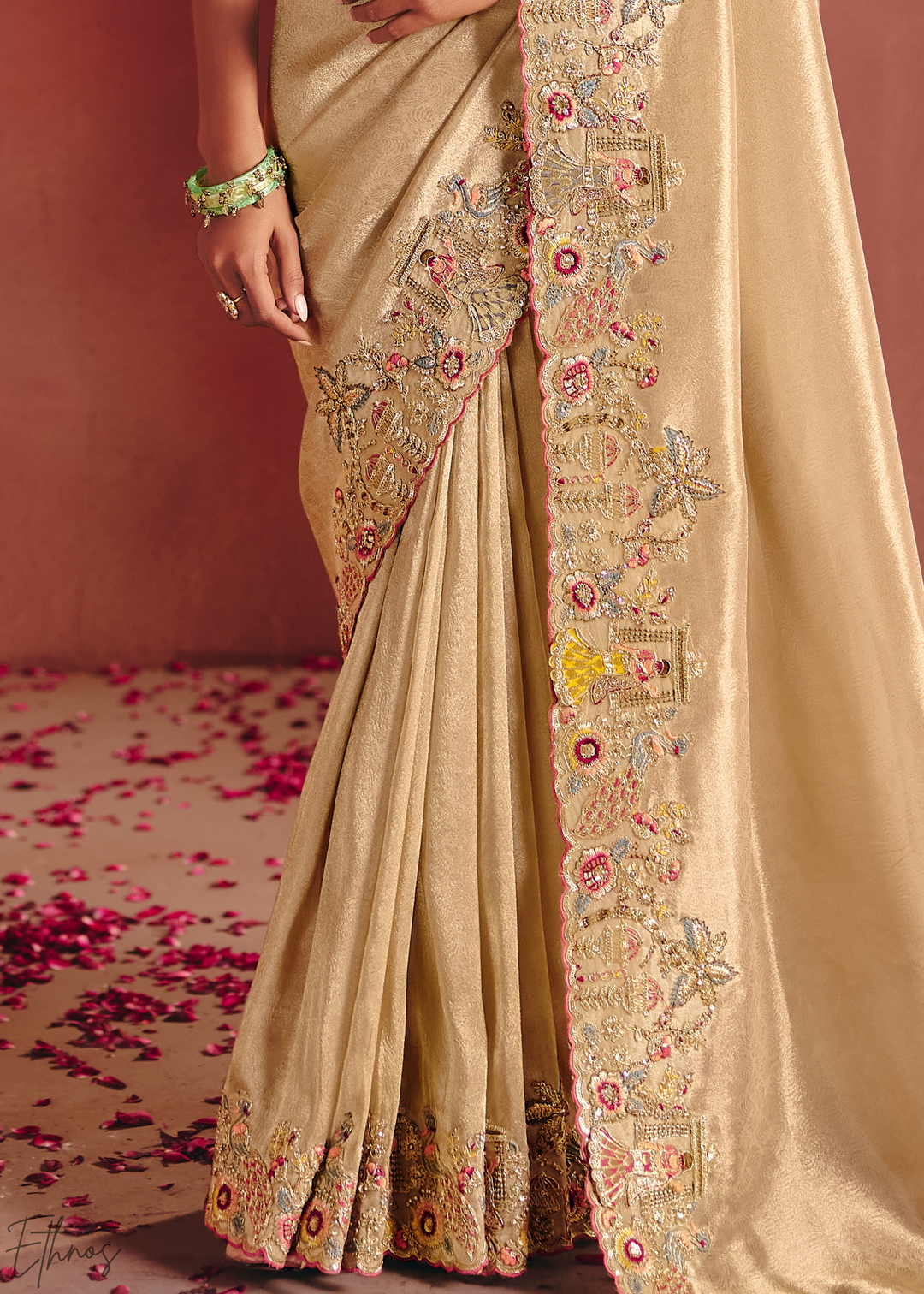 Golden Cream Floral Resham Zari Silk Saree