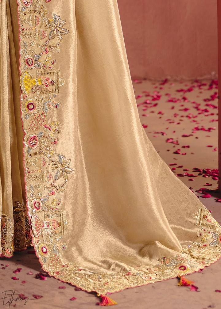Golden Cream Floral Resham Zari Silk Saree