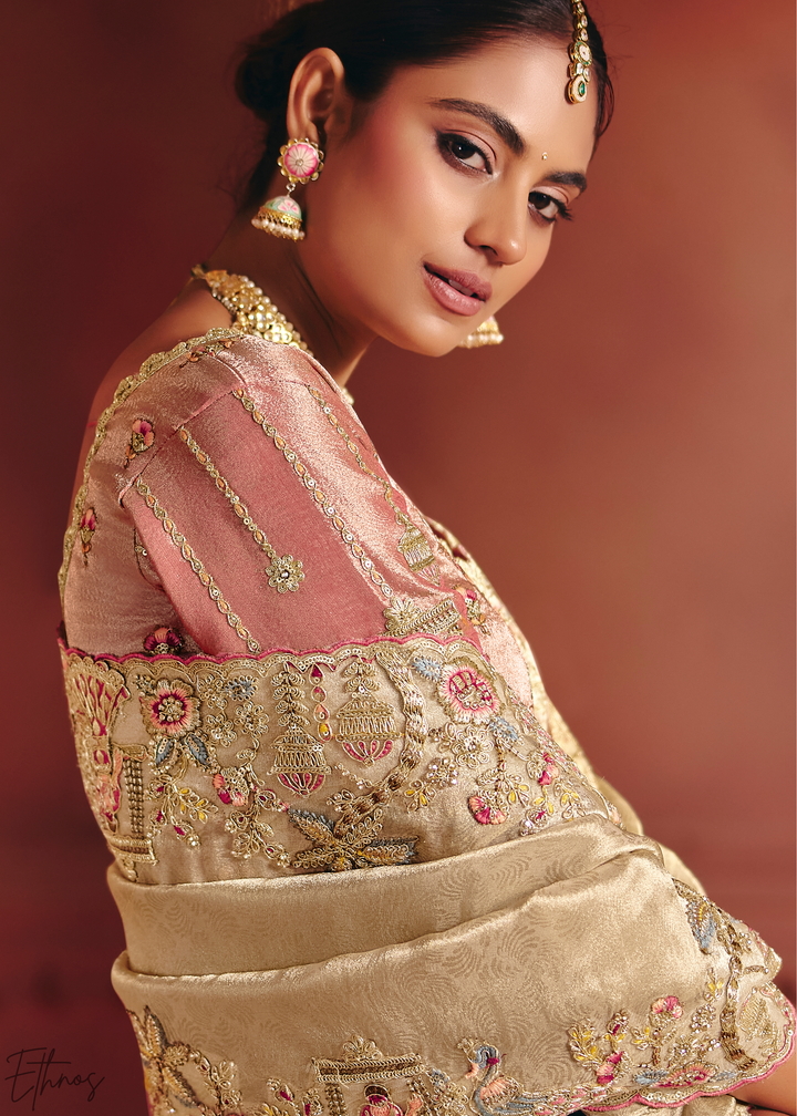 Golden Cream Floral Resham Zari Silk Saree
