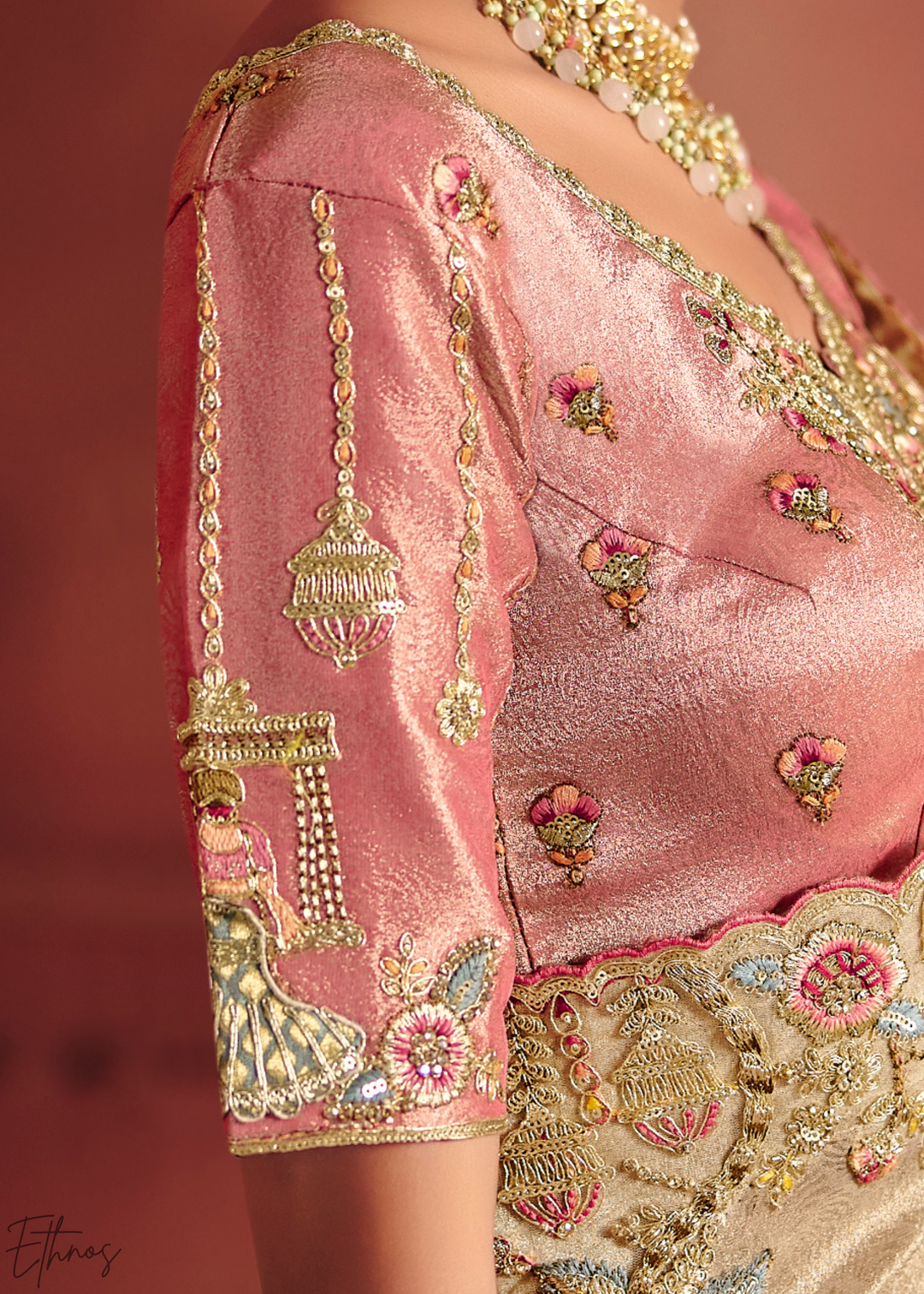 Golden Cream Floral Resham Zari Silk Saree