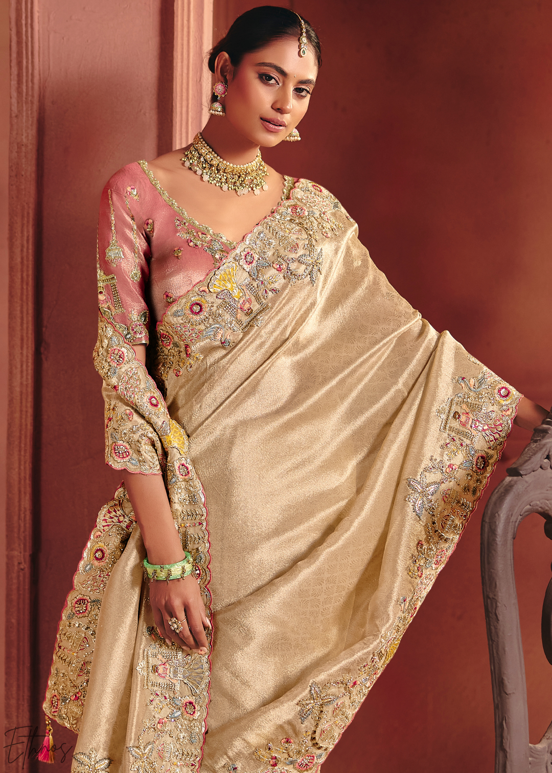 Golden Cream Floral Resham Zari Silk Saree
