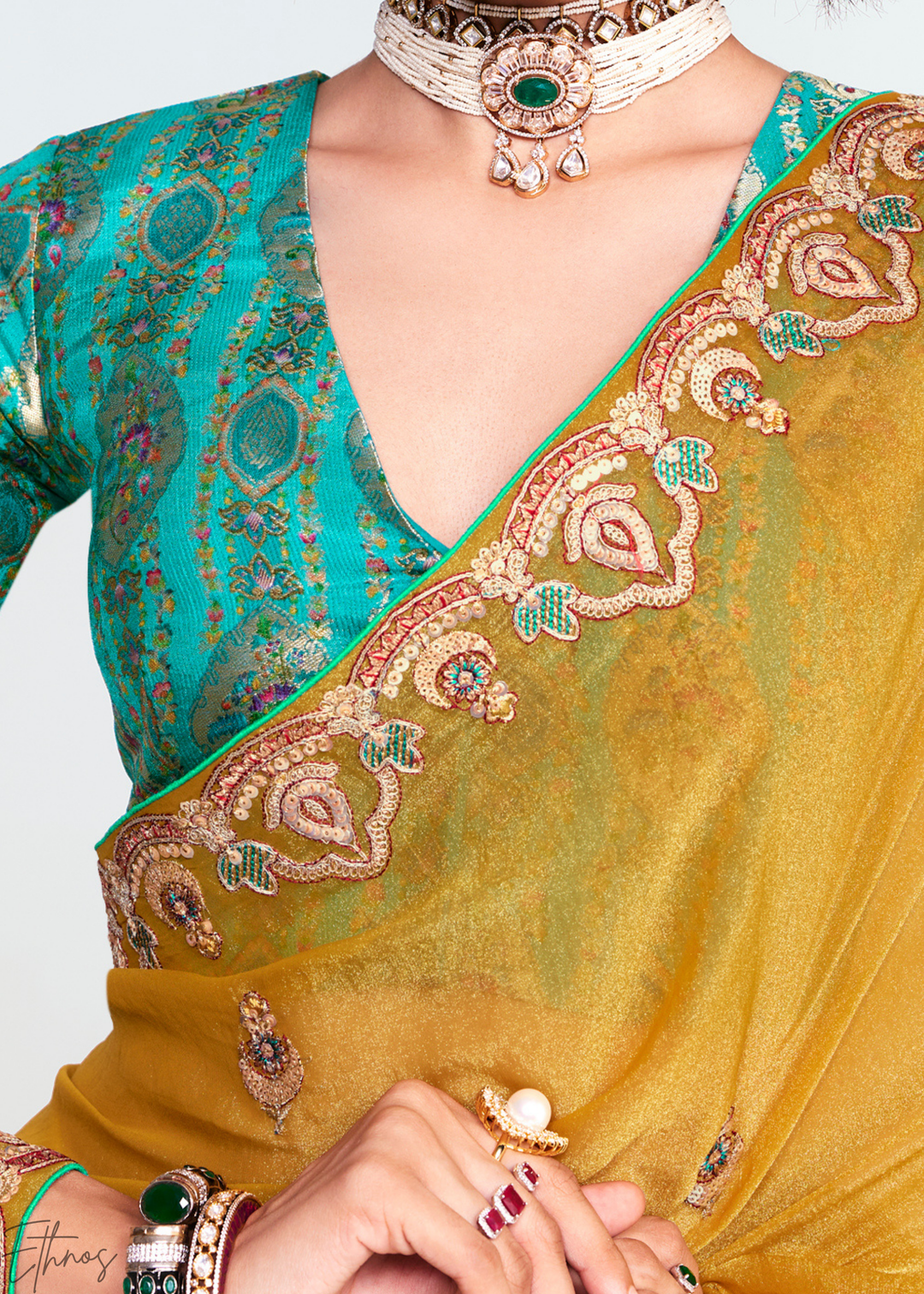 Golden Mustard Yellow Embroidered Tissue Saree