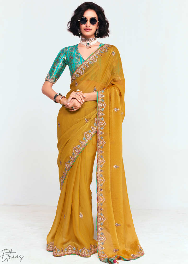 Golden Mustard Yellow Embroidered Tissue Saree