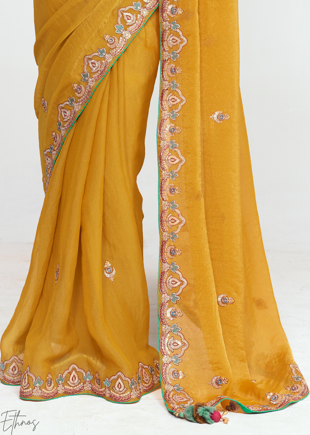 Golden Mustard Yellow Embroidered Tissue Saree