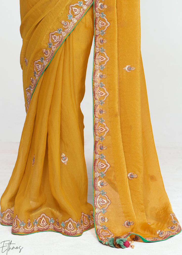 Golden Mustard Yellow Embroidered Tissue Saree