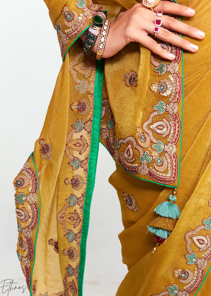 Golden Mustard Yellow Embroidered Tissue Saree