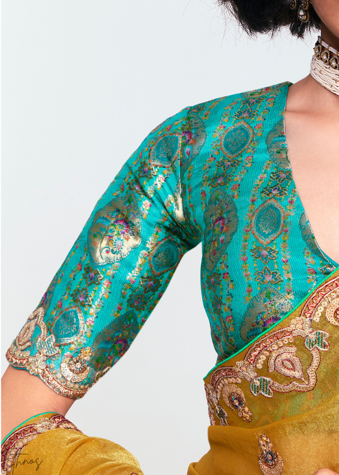 Golden Mustard Yellow Embroidered Tissue Saree
