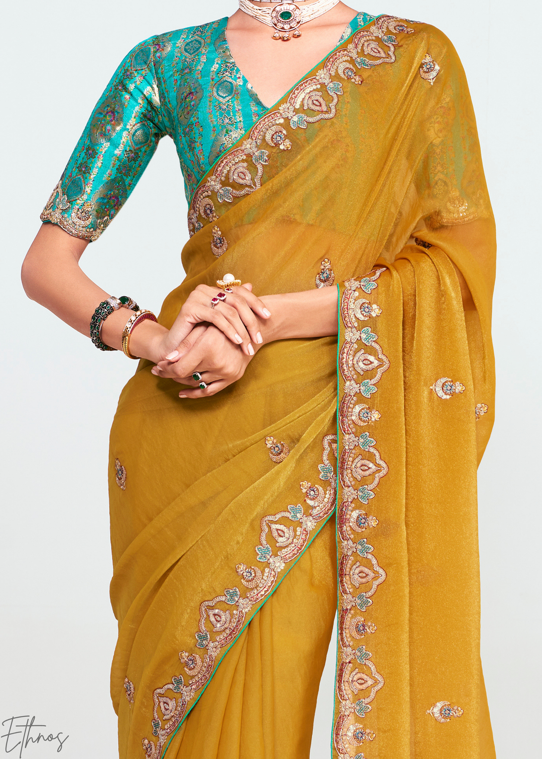Golden Mustard Yellow Embroidered Tissue Saree