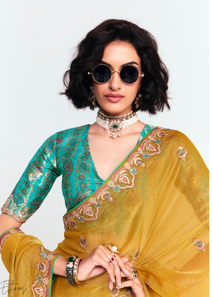 Golden Mustard Yellow Embroidered Tissue Saree