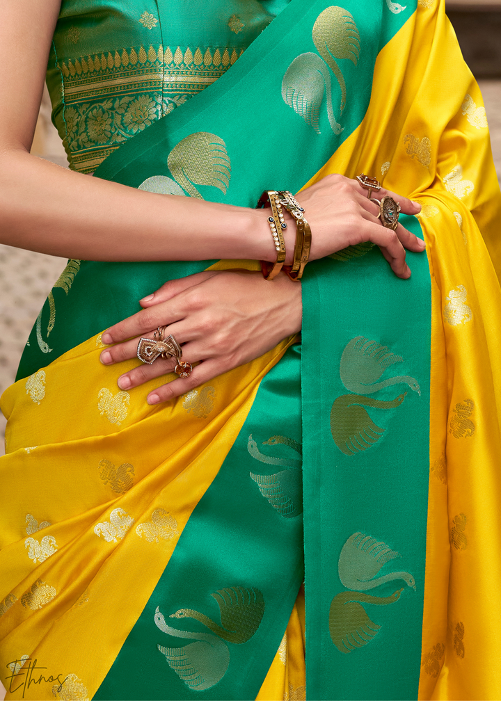 Golden Saffron Ethereal Swan Satin Silk Saree