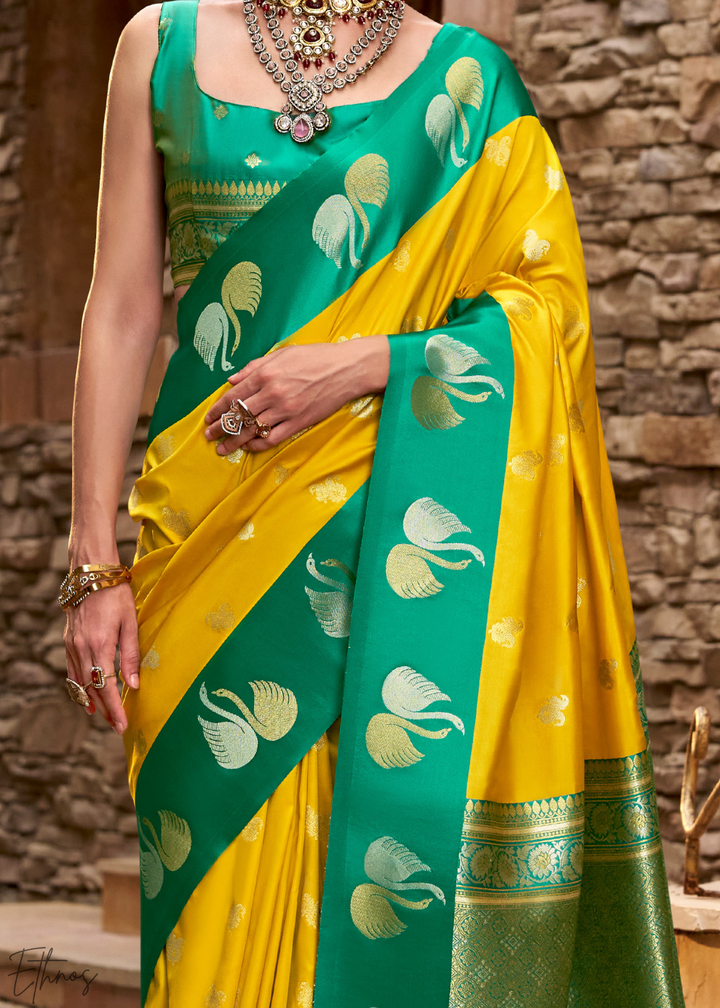Golden Saffron Ethereal Swan Satin Silk Saree