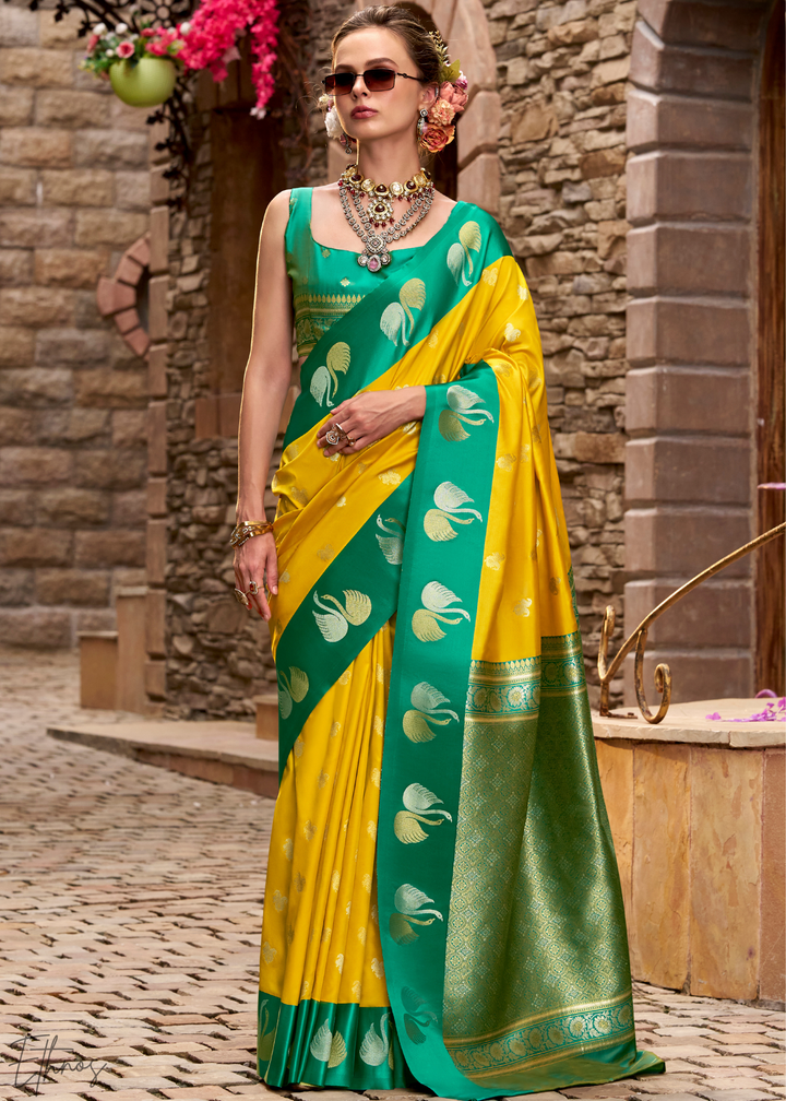 Golden Saffron Ethereal Swan Satin Silk Saree
