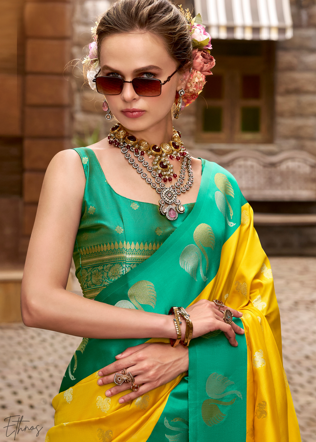 Golden Saffron Ethereal Swan Satin Silk Saree