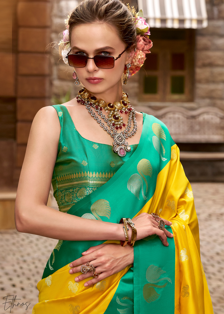 Golden Saffron Ethereal Swan Satin Silk Saree